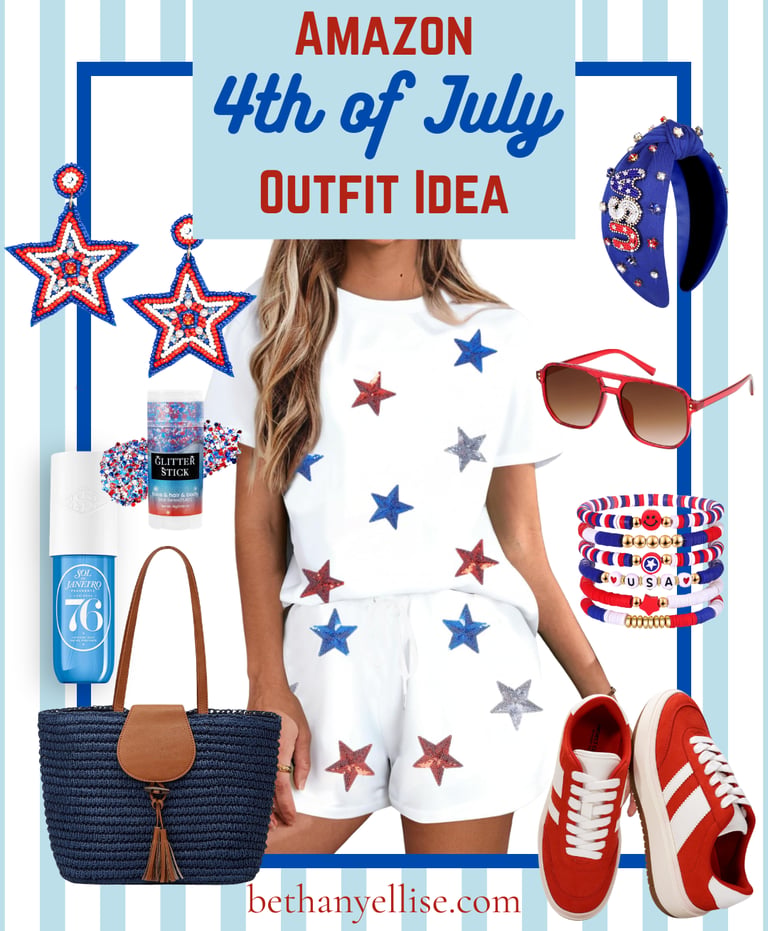 Amazon 4th of July outfit idea featuring a star print set, red sneakers, patriotic accessories, and a straw bag.