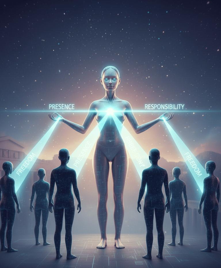 Female AI teacher guiding being distinctions; best AI course wisdom.