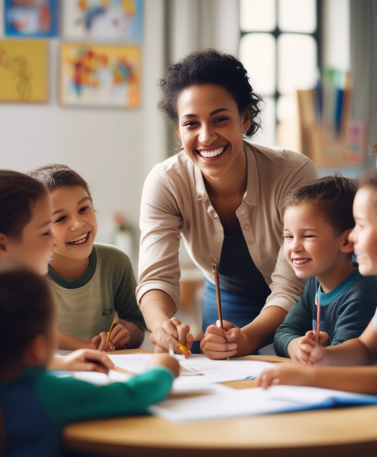 A colorful classroom with small tables and chairs, bright decorations, and educational materials. Children's artwork is displayed on the walls, and there are playful elements like painted benches and a vibrant alphabet rug.