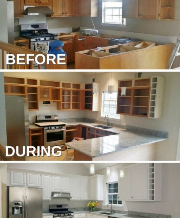Before and after kitchen remodel featuring white cabinets and granite countertops.