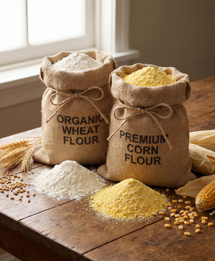 Burlap sacks of organic wheat flour and premium corn flour on a rustic wooden table with grain.