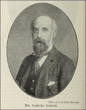 Vintage oval portrait of Mr. Samuel Gibson, a bearded man in a formal suit and waistcoat.