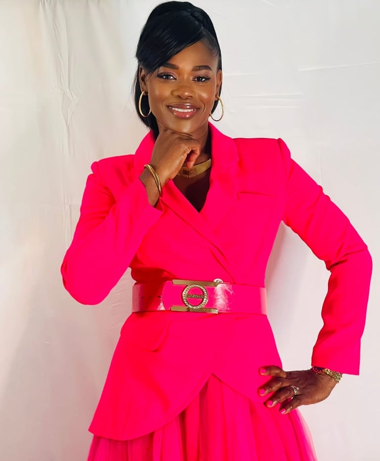 a woman in a pink dress and a pink dress