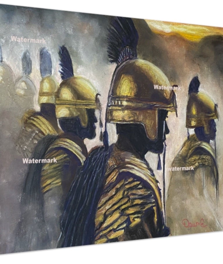 a painting of a group of soldiers with helmets and helmets