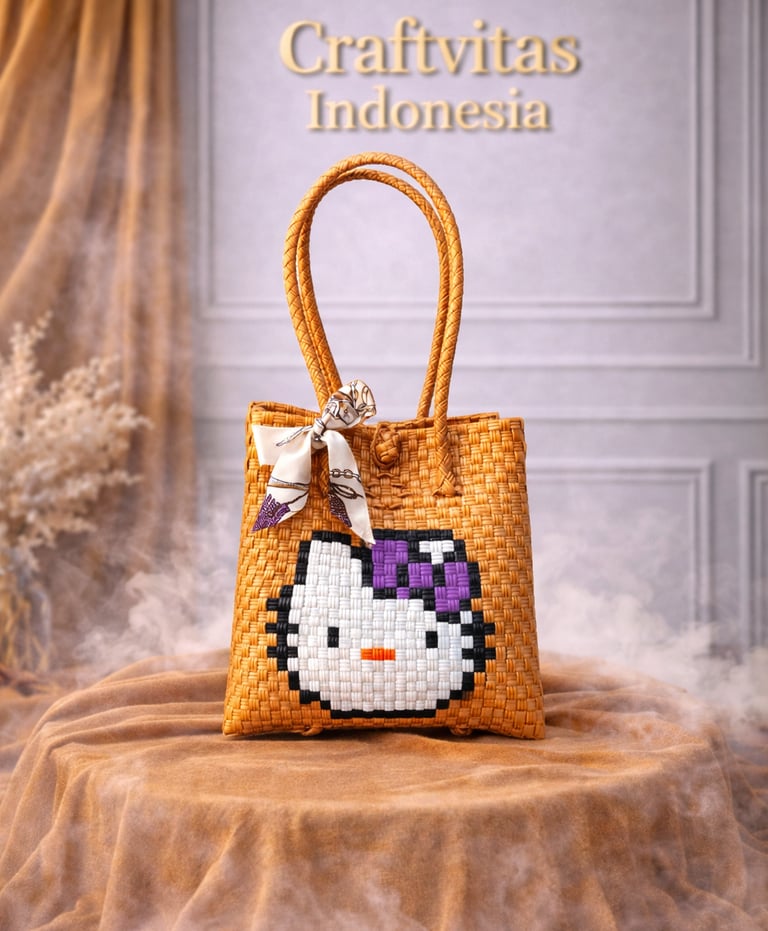 Tas anyaman karakter kucing lucu warna emas handmade dari plastik daur ulang