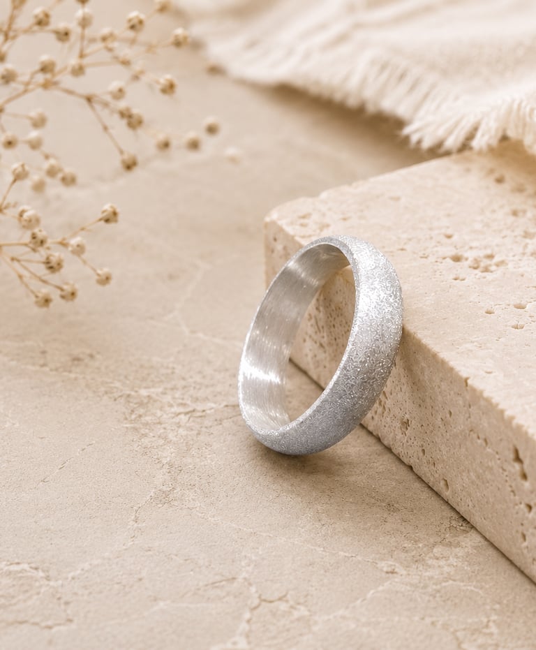Frosted 999 fine silver wedding band for men leaning against a beige travertine stone block.