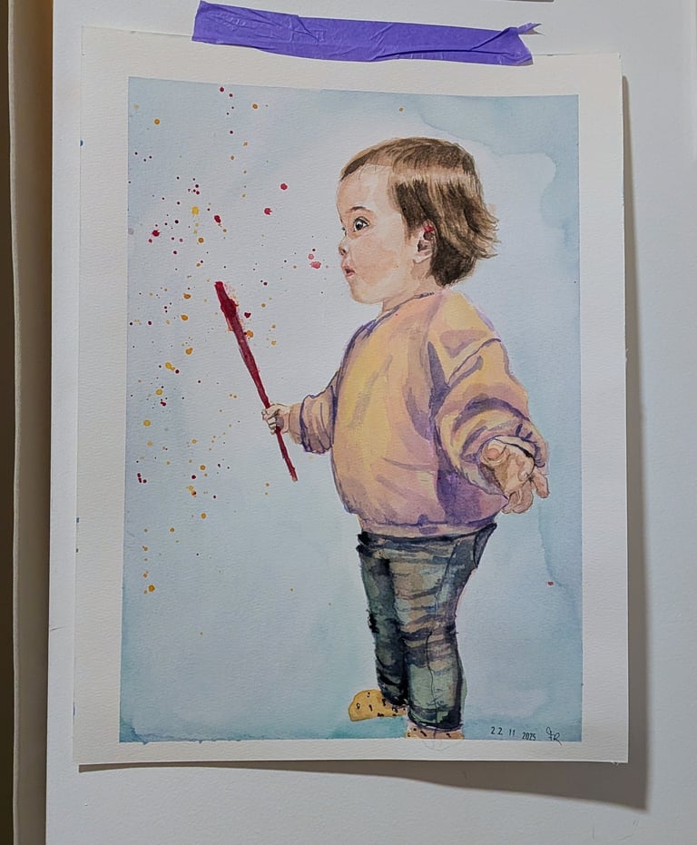 Peuter met toverstaf, kunstig portret in waterverf. Gepersonaliseerd door Studio FloraRoos