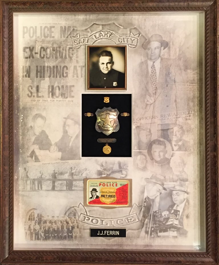 Salt Lake City police officer memorial frame with vintage badge, ID card, and newspaper clippings.