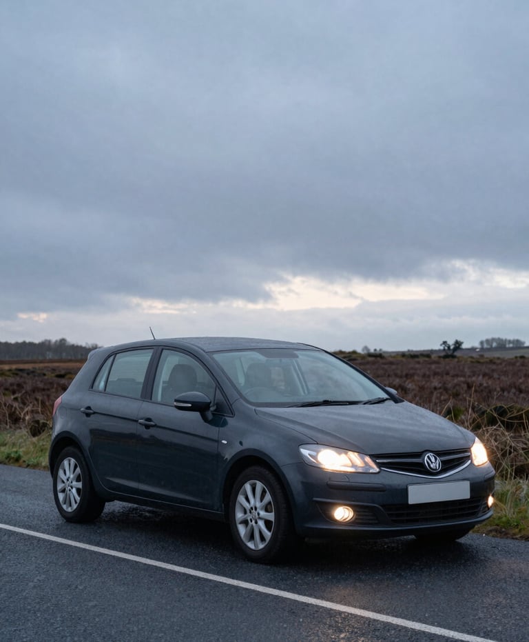 Close documentary frame of a dark saloon car parked on an empty North Lincolnshire road at early morning, headlights off, driver-side door visible, overcast grey sky above flat fenland horizon, natural cold daylight, no people