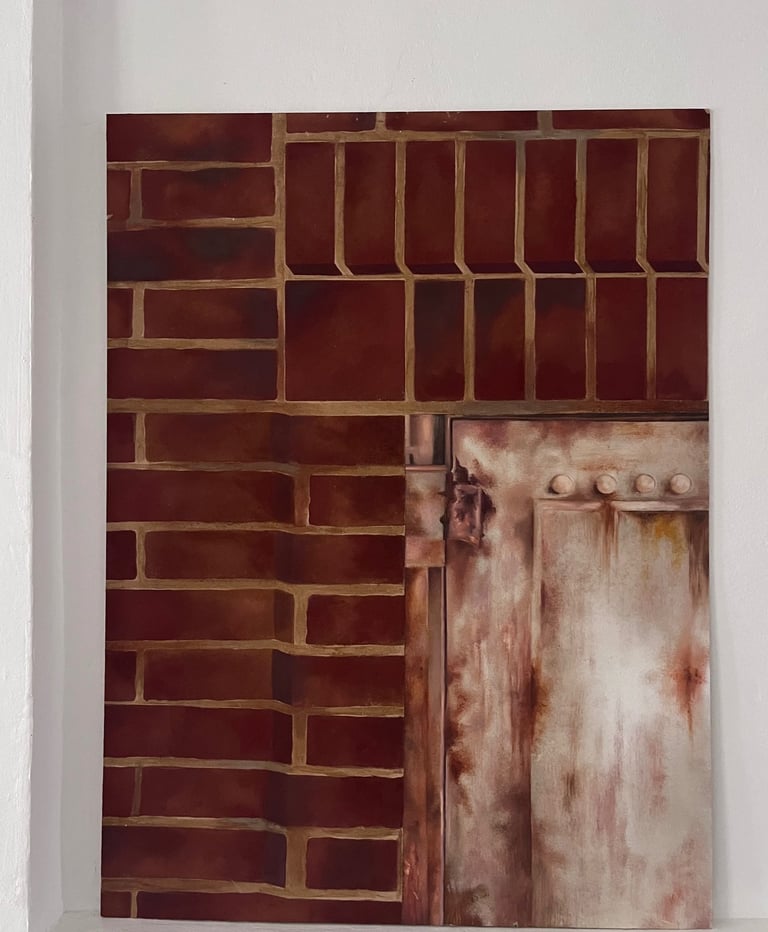 Fausse brique - peinture à l'ocre , Porte rouillée - peinture à l'huile