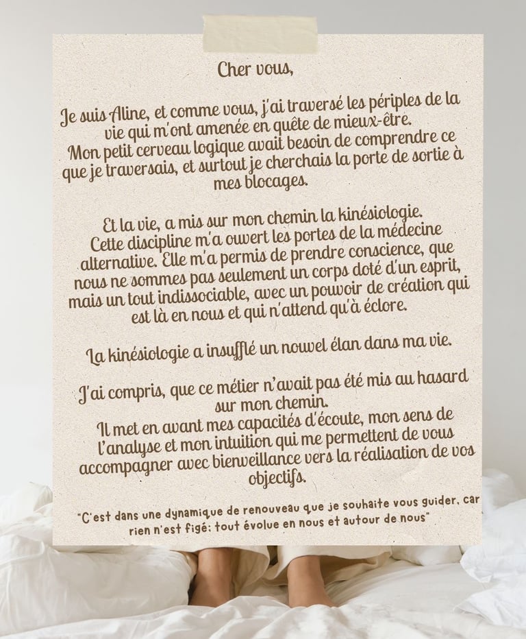 Je suis kinésiologue Aline Marcq, j'explique ce que la kinésiologie amène dans notre vie.