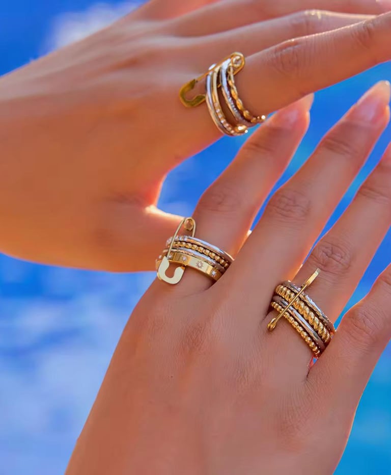 18 k gold plated Demi fine stackable  rings which are water resistant and hypoallergenic.