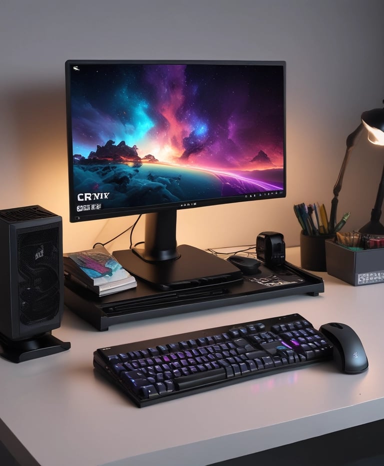 Minimalist white background with a sleek computer and tech accessories setup.