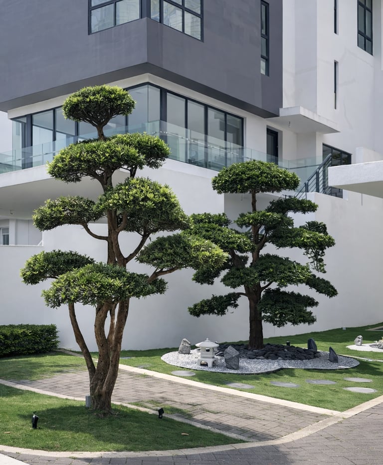 Modern residential landscape design with sculpted garden trees and zen garden by Yie Yang Landscape