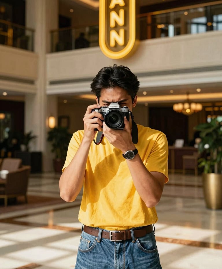 Vibrant portrait of a stylish individual, mid-shot, holding a camera, against a backdrop of a high-end Bangkok hotel lobby, rich natural indoor light, shallow depth of field, high-contrast.