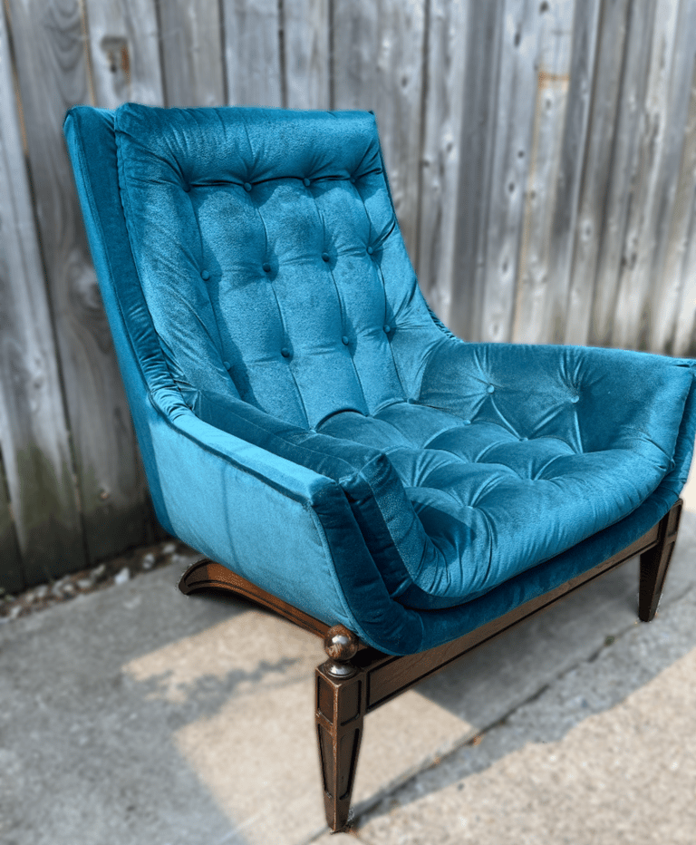 newly reupholstered arden chair with teal blue velvet and button tufting
