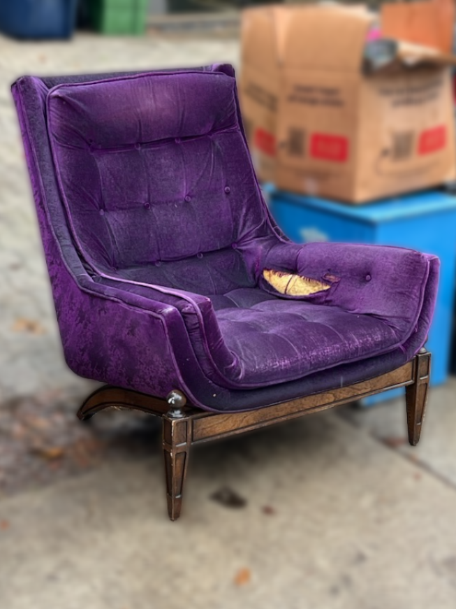 purple velvet arden chair with large hole in the arm