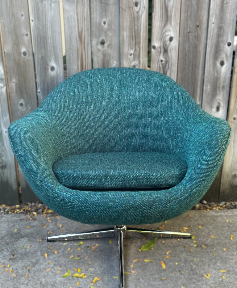 newly reupholstered Overman style egg chair in blue tweed fabric