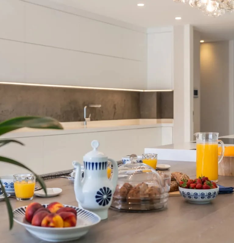 Kitchen counter with breakfast at Villa Serenity