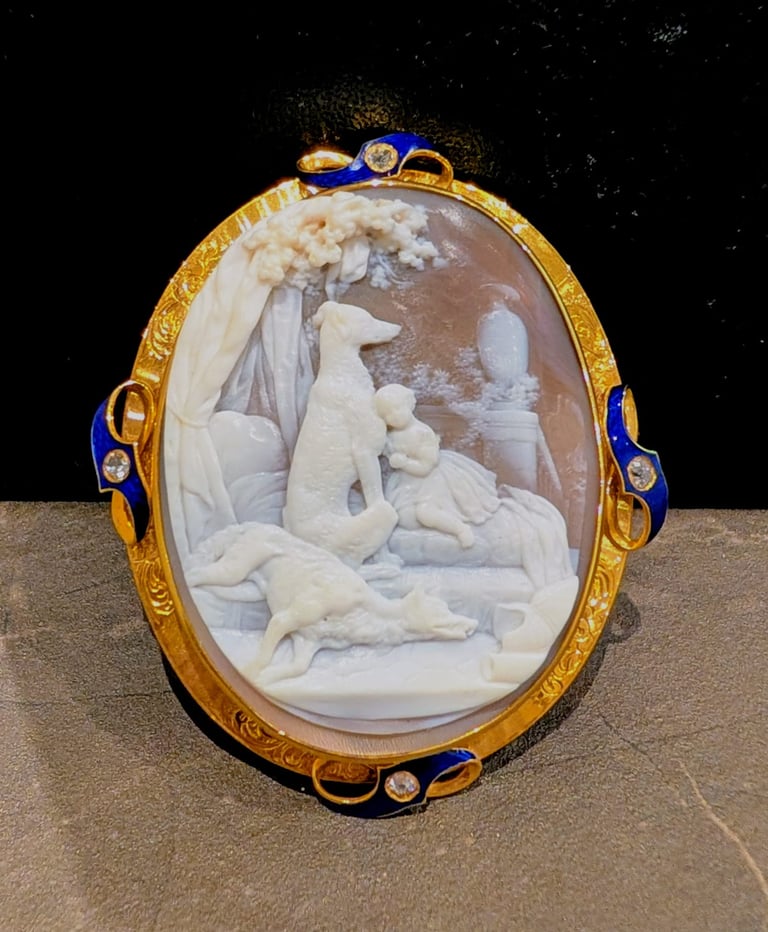 a cameo brooch with gold and diamond frame