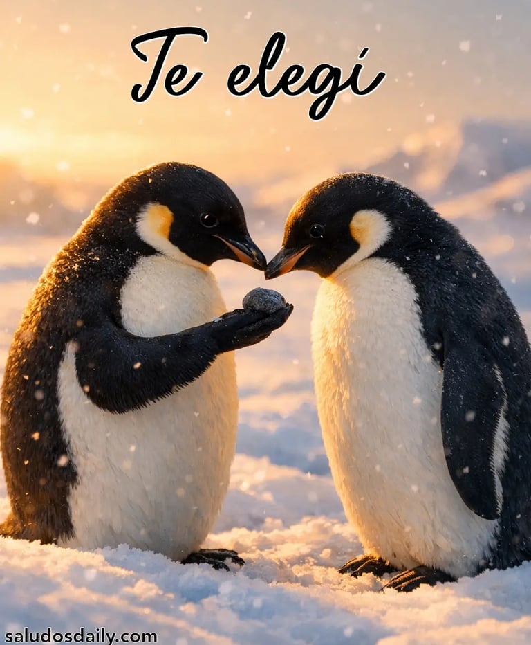 Dos pingüinos frente a frente en un paisaje nevado, uno ofreciendo una pequeña piedra al otro 