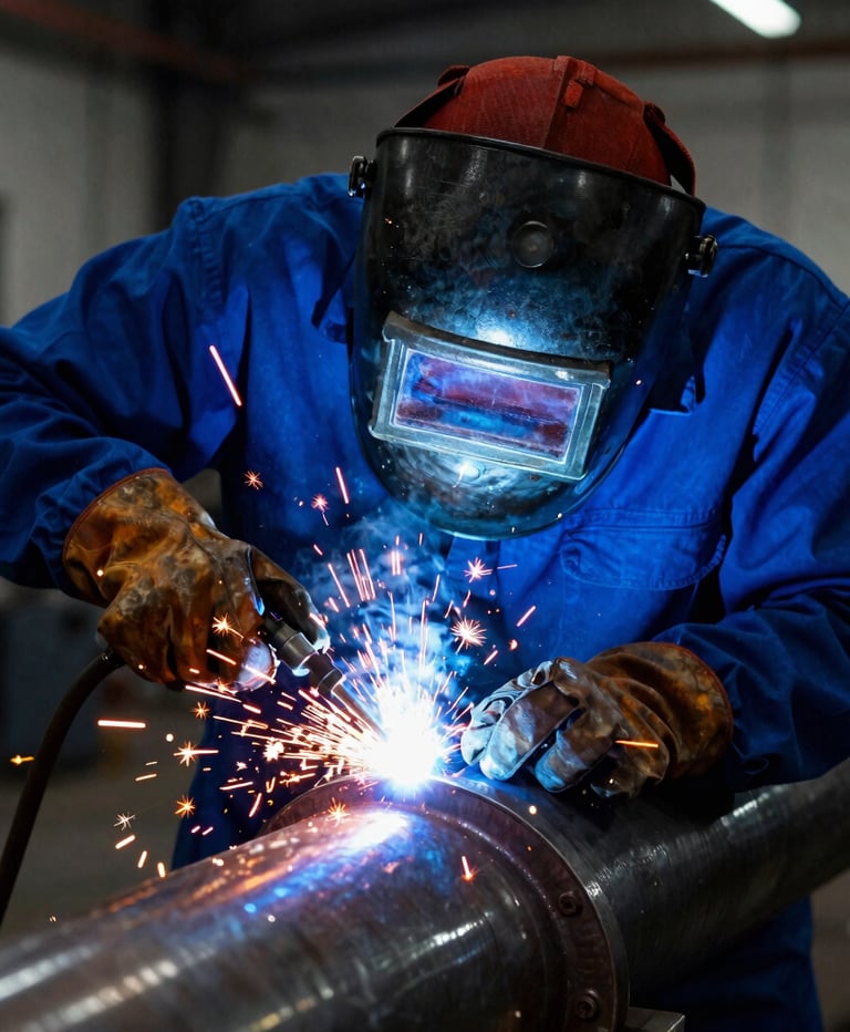 Dramatic close-up of a professional welder in full PPE welding a heavy steel pipe, bright orange sparks flying, dark industrial workshop background, royal blue tones, 35mm photography