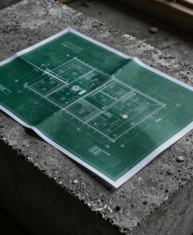 Close-up of architectural blueprints laid out on a concrete block at an active construction site, high-contrast overcast daylight, dark gray and deep green tones, raw textures