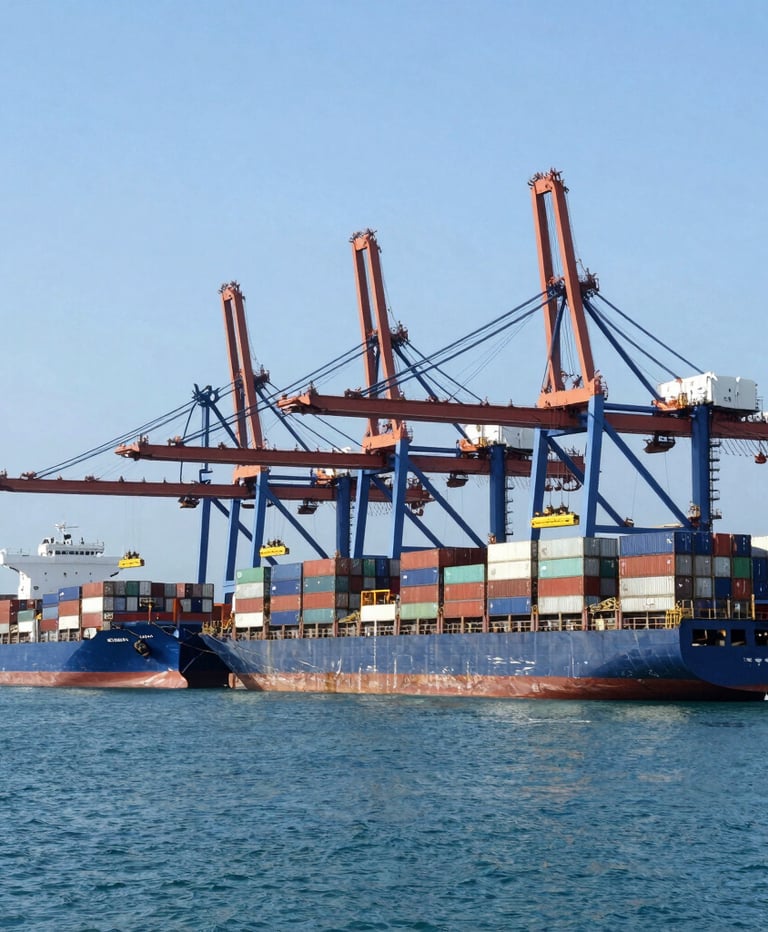 Wide-angle daylight shot of container ships docked at Batam port terminal, industrial cranes loading cargo, clean blue ocean background, negative space on left.
