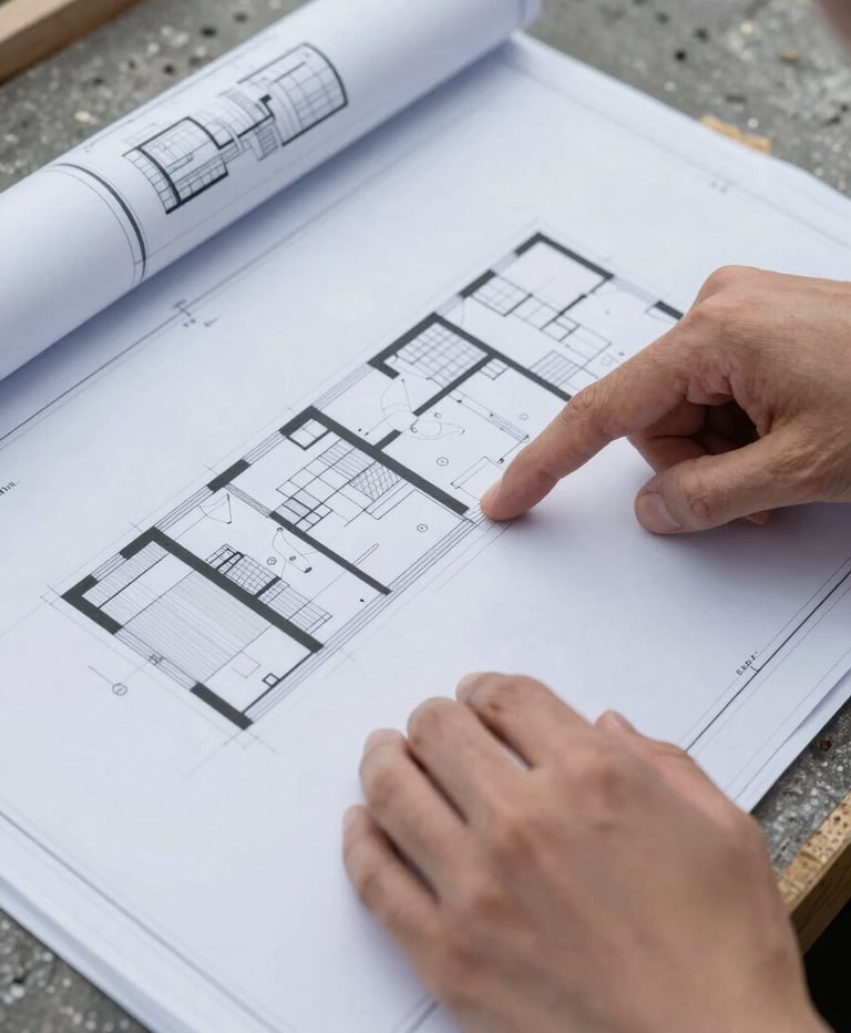 Close-up portrait shot of a detailed architectural blueprint spread open on a construction table, hands pointing to a specific structural detail, crisp overcast daylight, high-contrast cool tones, sharp focus.