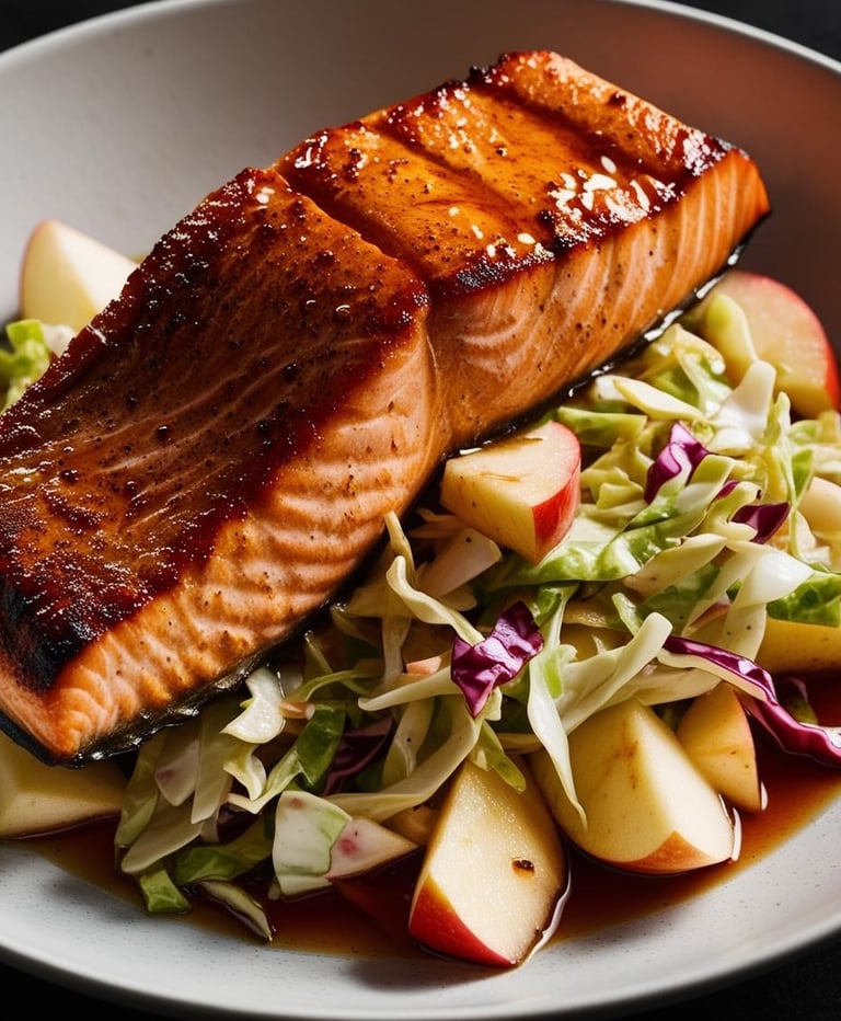 a salmon steak with a side of coleslaw
