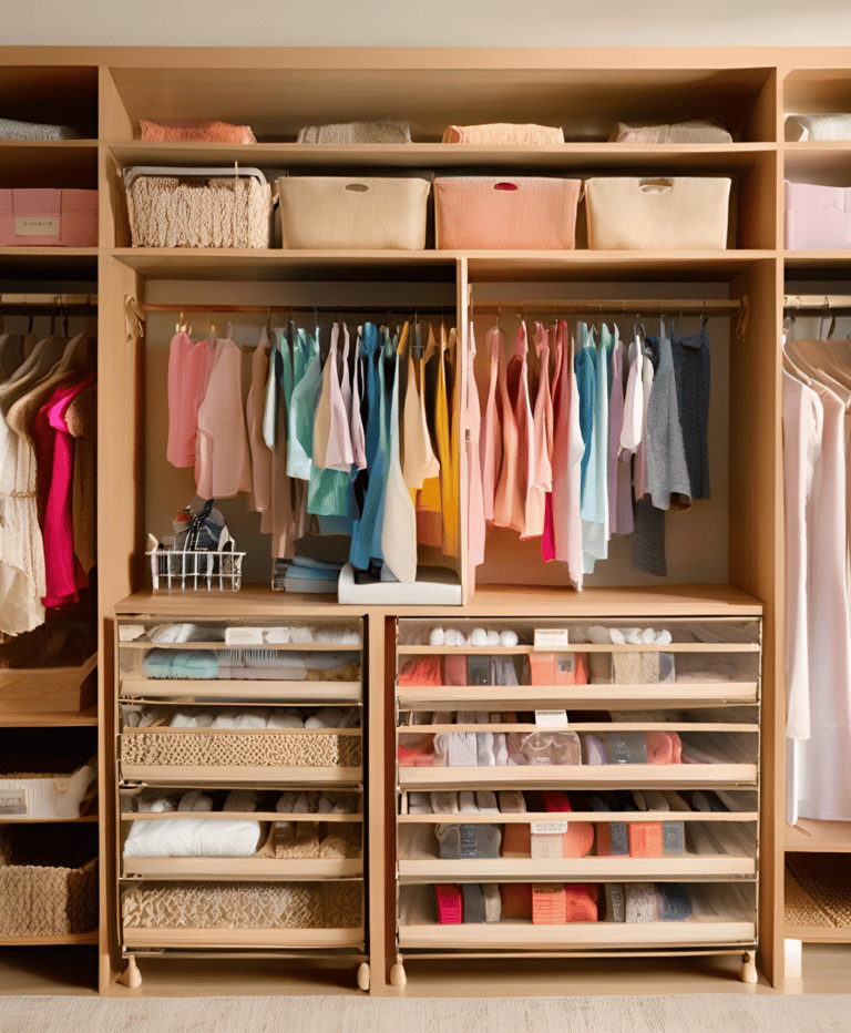 Functional closet design with double hanging rods and styled accessories