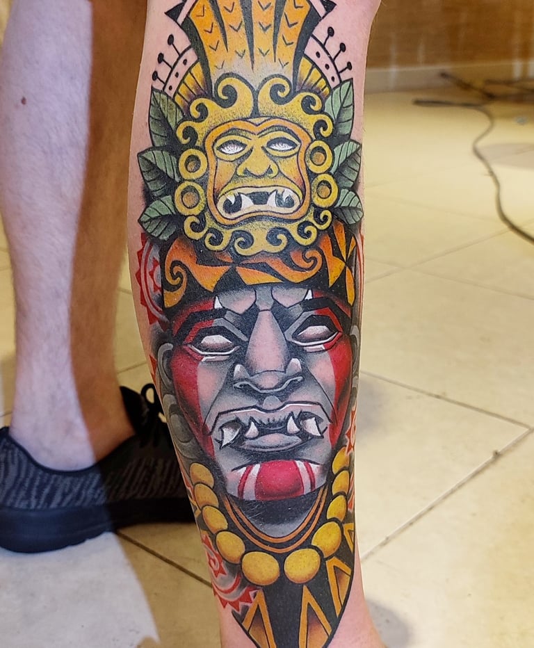 Pre Colombus God - Peruvian Moche culture. Katarsis Tattoo, premium studio in Miraflores