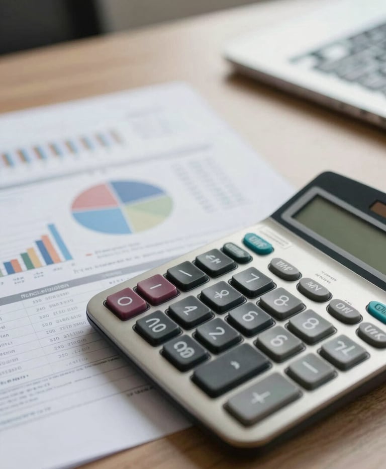 Close-up of professional financial reports and a calculator on a desk in a Southeast Asian / Indonesian office, natural lighting, clean business aesthetic.