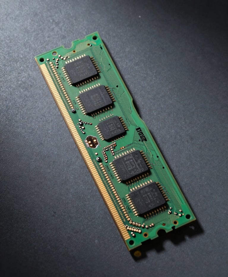 Overhead studio shot of a DDR4 memory module on a matte charcoal surface, hard side-lighting from the right casting precise shadows along the chip outline, gold bond wires visible under magnification, cool clinical illumination, no background clutter