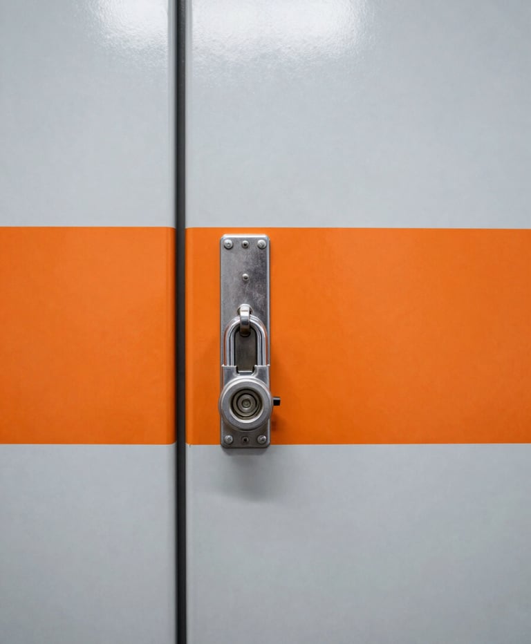 Close-up of a heavy-duty storage unit lock and steel door, bright even overhead industrial lighting, high-contrast metallic and safety orange tones, sharp focus, 24mm