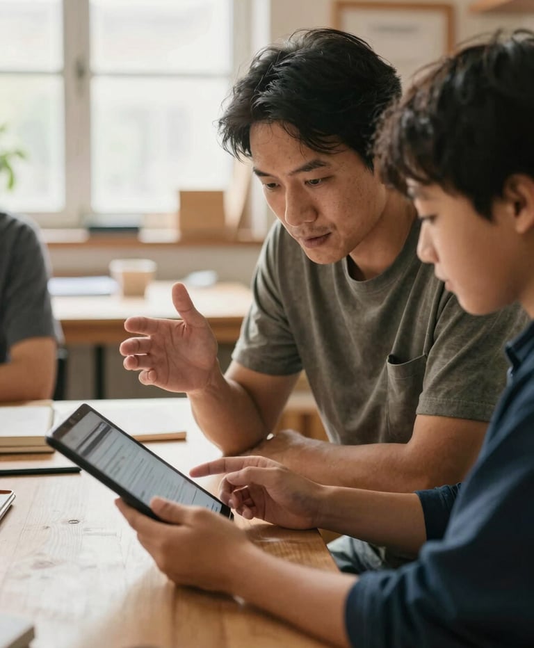 A candid medium-close shot of a mentor and a mentee reviewing a tablet screen in a sunlit community workshop, hands gesturing, warm natural light, shallow depth of field, 35mm