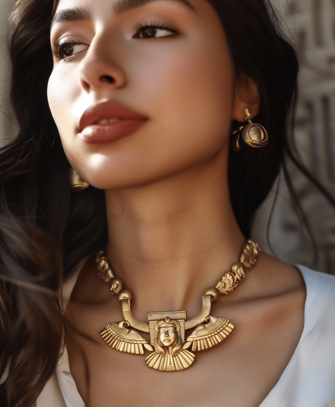 Egyptian Revival Necklace. Washed Gold