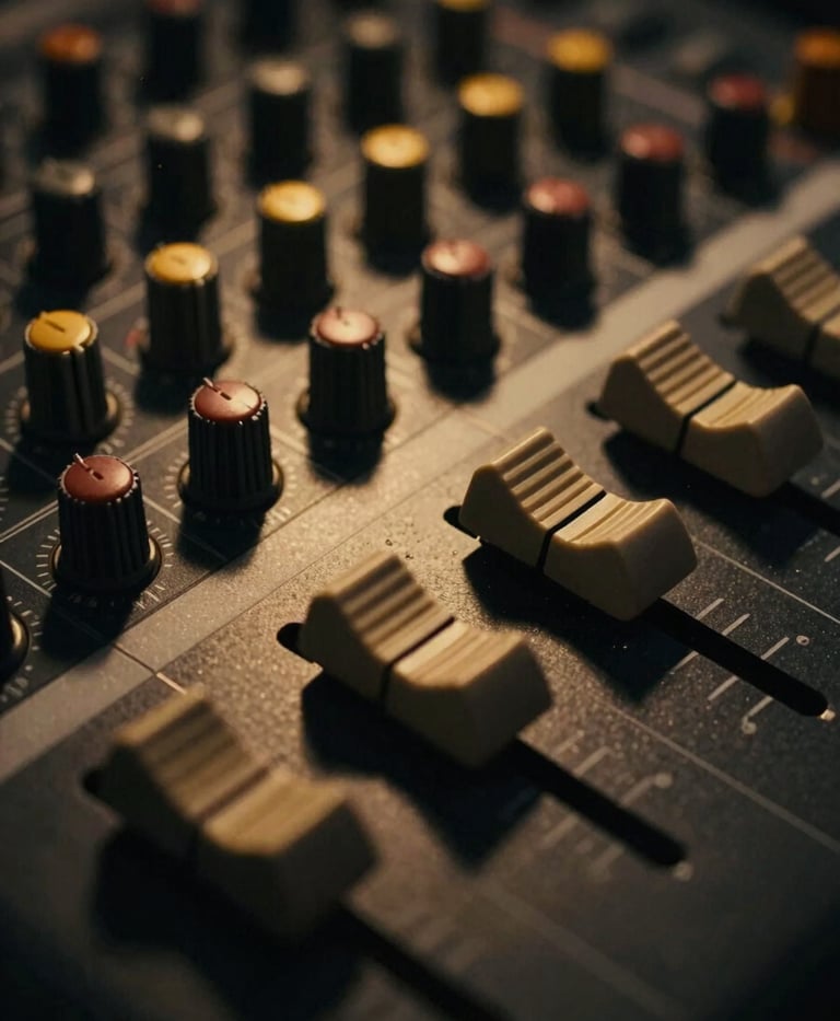 Tight macro shot of an SSL mixing console, dials and faders prominent, low-key gold accent lighting, deep matte black shadows, warm amber glow, shallow depth of field, 35mm film grain.