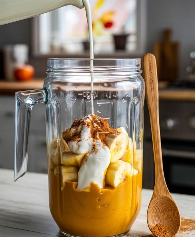 Ingredients for a pumpkin smoothie in a blender jar, with banana slices, pumpkin puree, dairy-free y