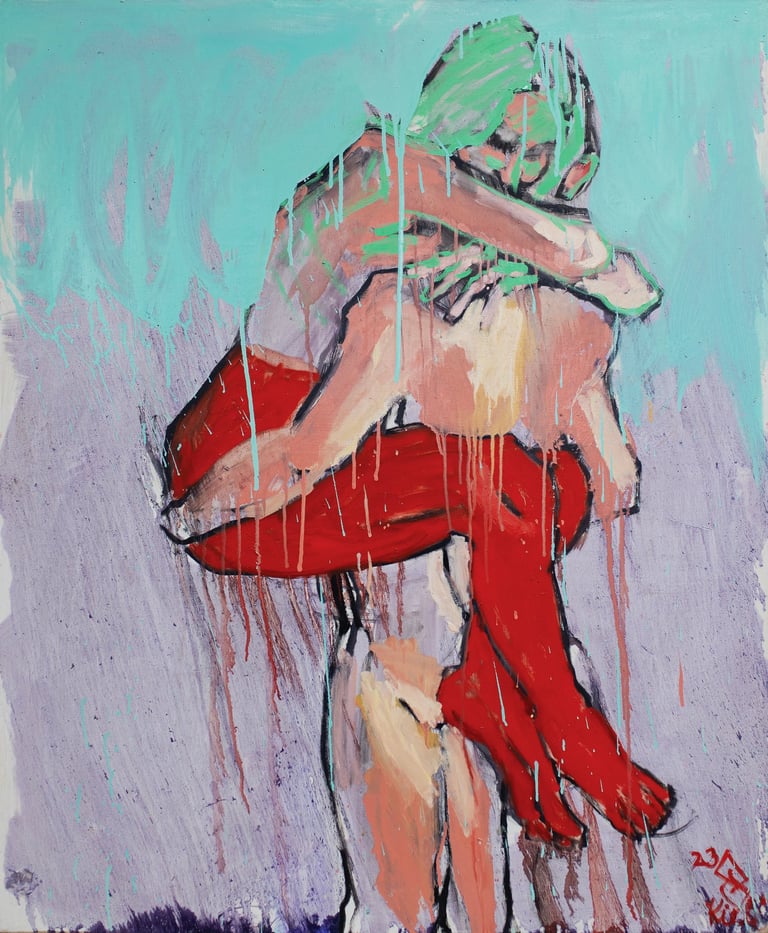 Oil painting of a woman huging a man by mone Kielė - "Lizdas"