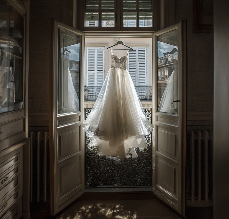 a wedding dress hanging in a doorway