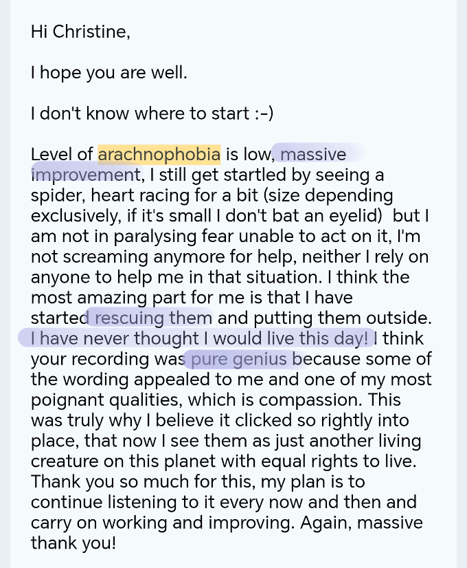 Client email testimonial describing massive improvement in arachnophobia after an RTT session
