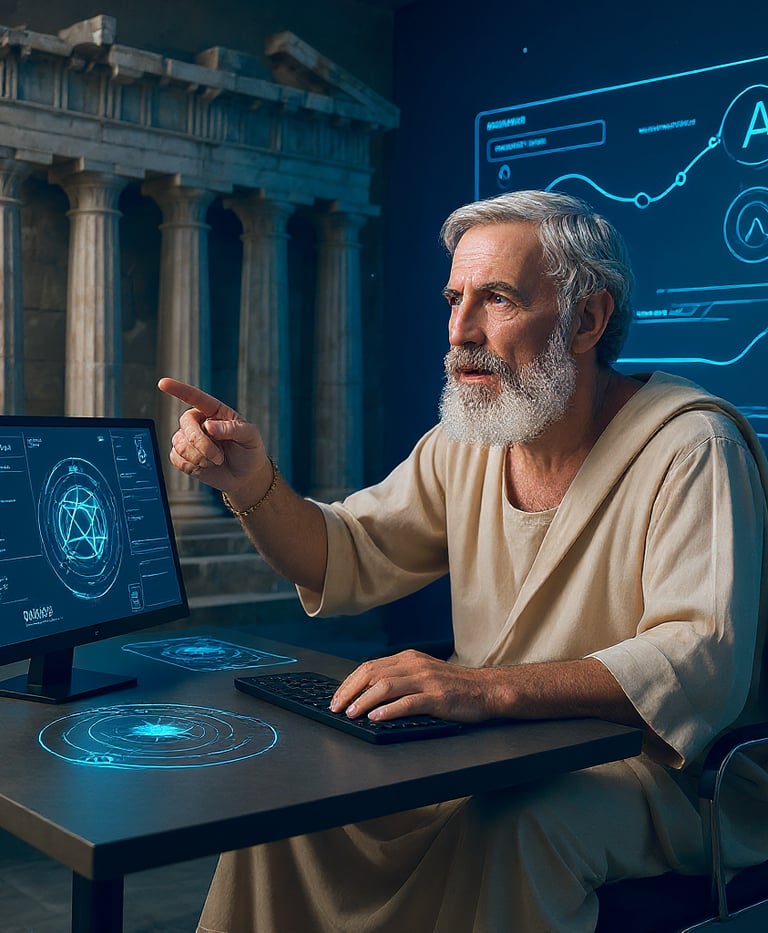 Timeless wisdom meets futuristic data interfaces.