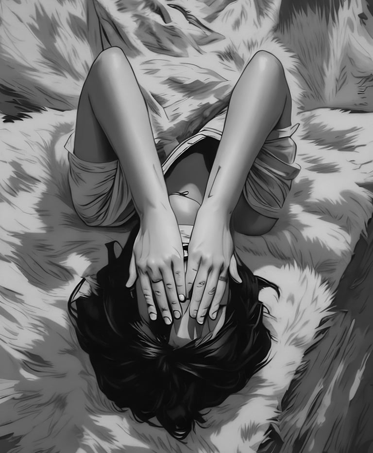 Black and white anime illustration of a girl lying on a faux fur rug covering her eyes with her hands.