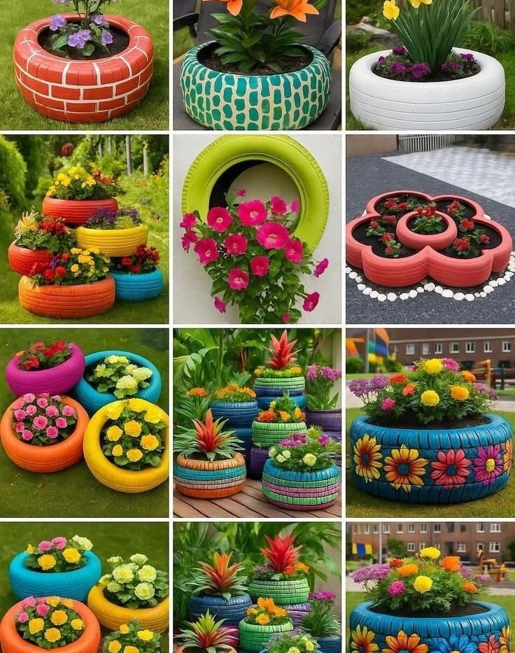 Up-cycle of old car tires into a flower bed for outdoor spaces