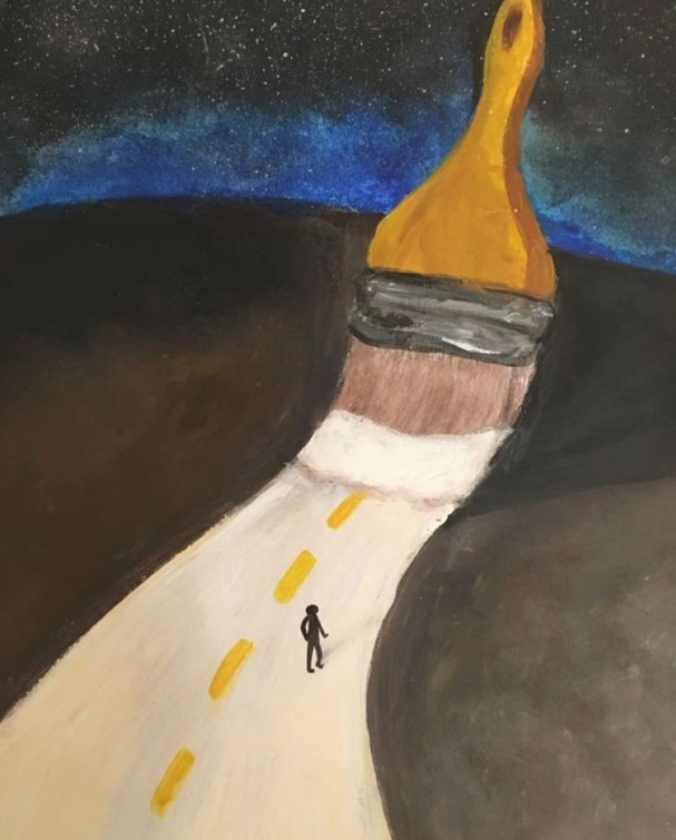 a painting of a person walking on a road