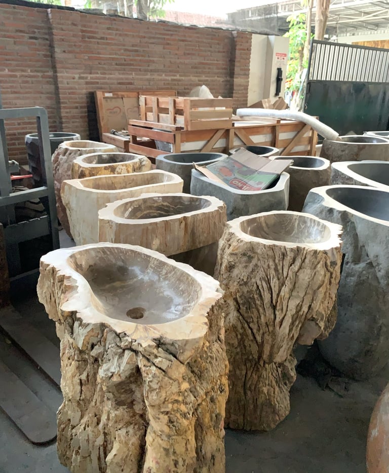 Natural petrified wood wash basins with polished interiors — Part of Arcanum