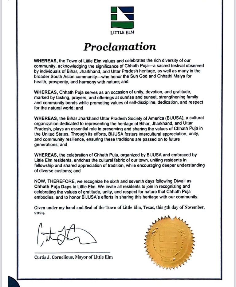 Proclamation on Chhath by the Town of Little Elm
