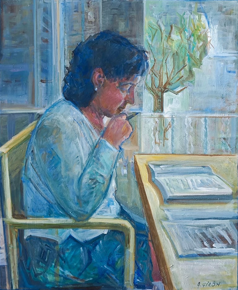Mari Luz estudiando, óleo sobre lienzo del artista pintor Argi Girón. Studying, artist, painter, art