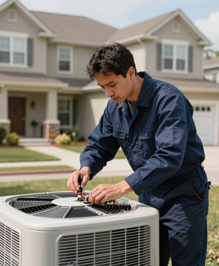 A professional HVAC technician in a dark blue uniform servicing a modern outdoor residential AC unit. Bright daylight photography, North American / US suburban home in the background, sharp focus on technical reliability.